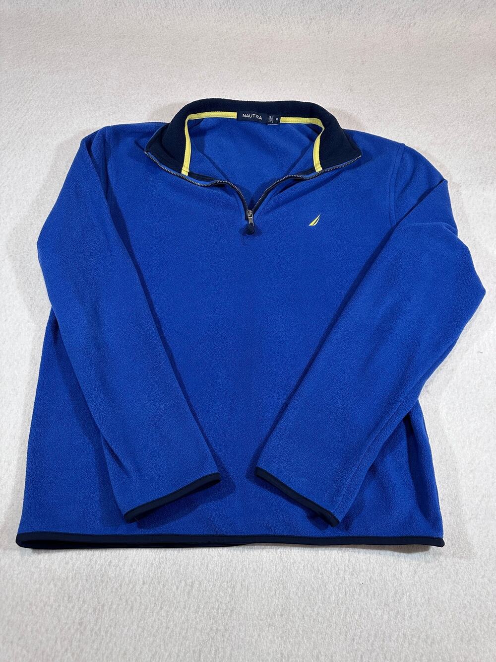 Vintage Nautica Men’s Blue Fleece 1/4 Zip Pullover Spellout Collar Yellow Logo